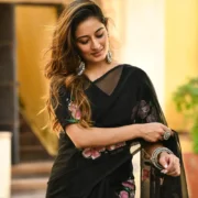 Black Organza Handpainted Saree - Image 3